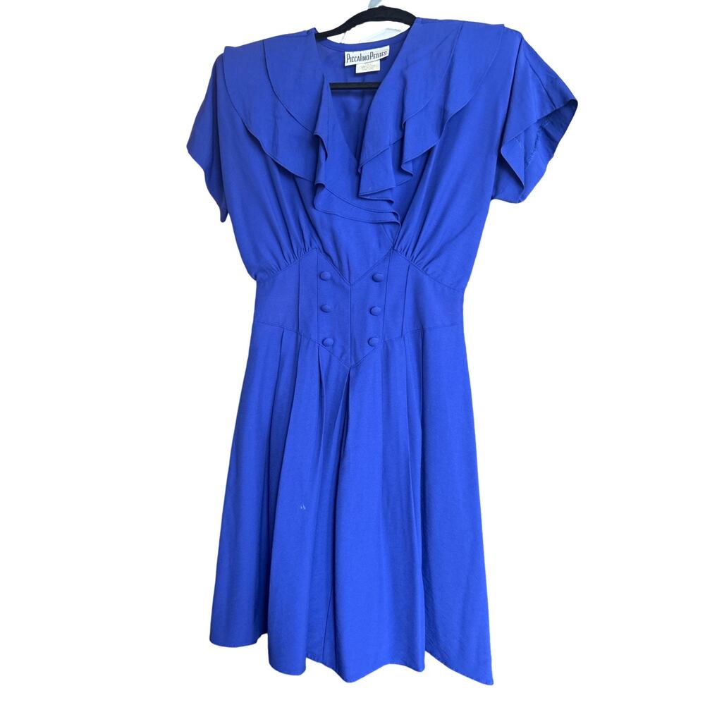 Vintage Piccalino Petites Ruffle‑Front Blue Dress